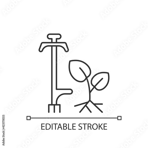 Weed puller linear icon. Garden and lawn care. Pulling tool. Removing unwanted deep-rooted weeds. Thin line customizable illustration. Contour symbol. Vector isolated outline drawing. Editable stroke