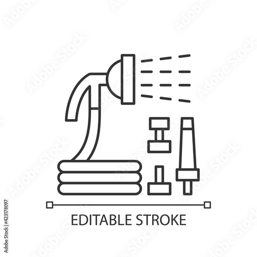 Garden hose with hose nozzles set linear icon. Hosepipe with sprayer nozzle. Watering tasks. Thin line customizable illustration. Contour symbol. Vector isolated outline drawing. Editable stroke