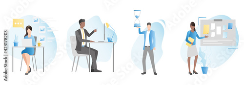 Set, collection of people in business suits, managers. Vector scenes of workplace workers in office with computer, laptop, hourglass answering email messages showing presentation on whiteboard.