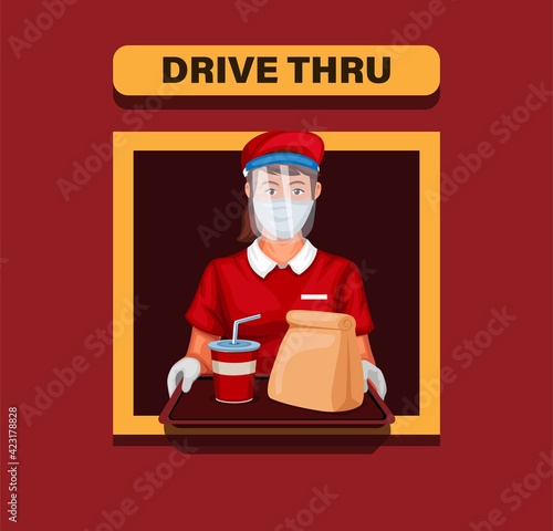 Drive thru girl wearing mask served order to customer. fast food restaurant in new normal illustration cartoon vector