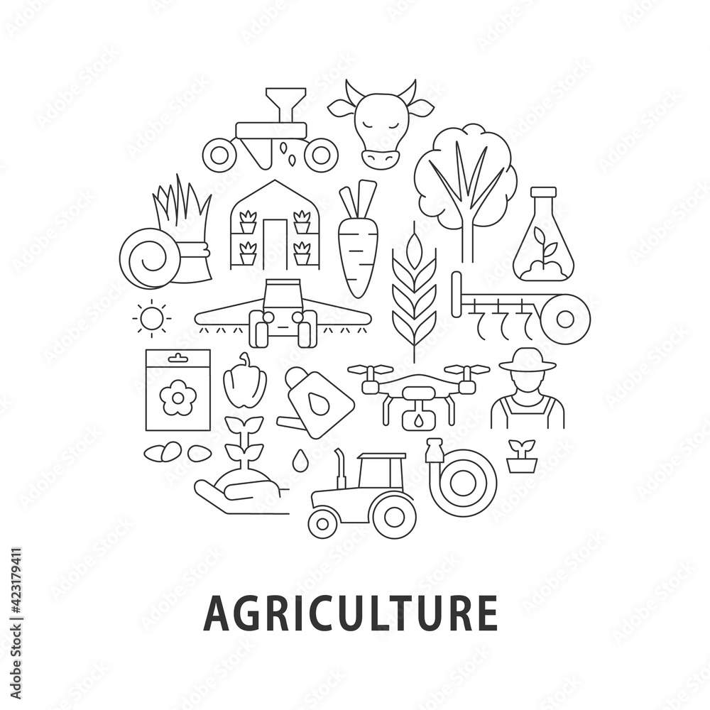 Agriculture abstract linear concept layout with headline. Vegetable cultivation. Farming minimalistic idea. Growing harvest thin line graphic drawings. Isolated vector contour icons for background