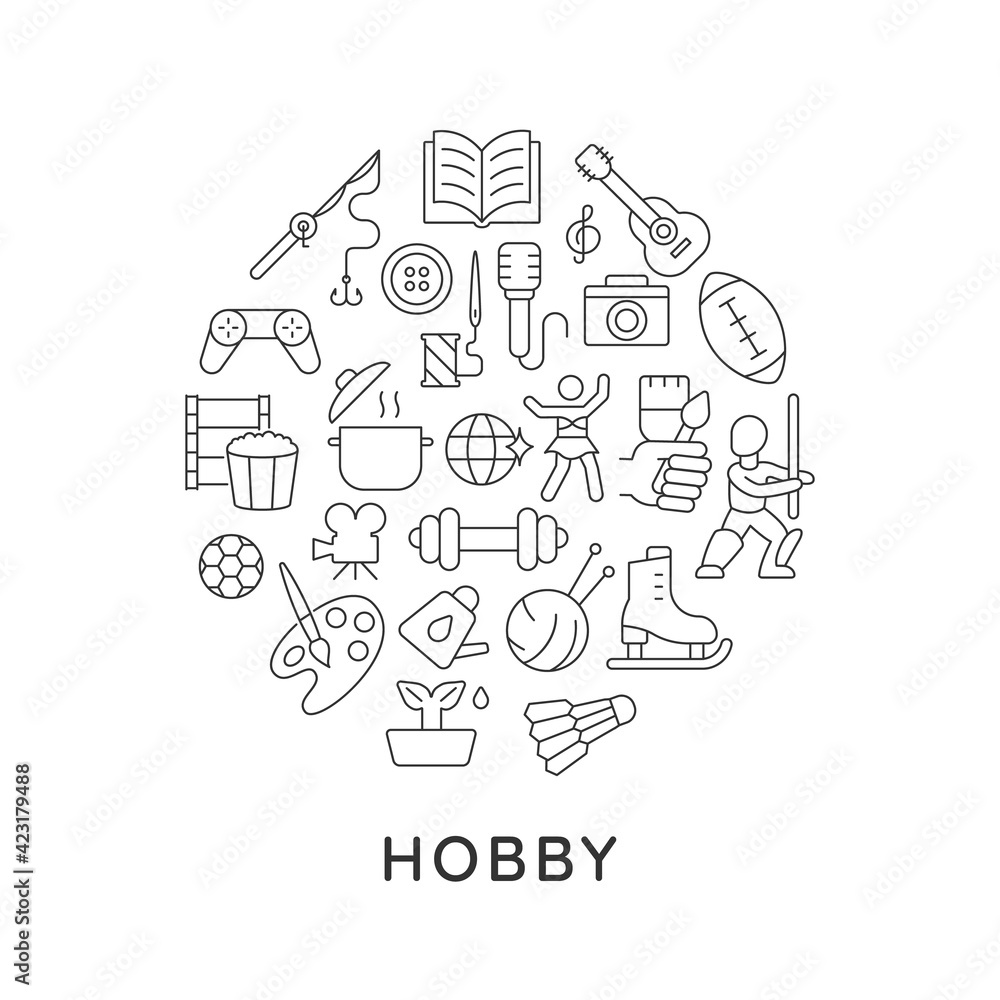 Hobby abstract linear concept layout with headline. Spending time. Pastime minimalistic idea. Recreation and entertainment thin line graphic drawings. Isolated vector contour icons for background