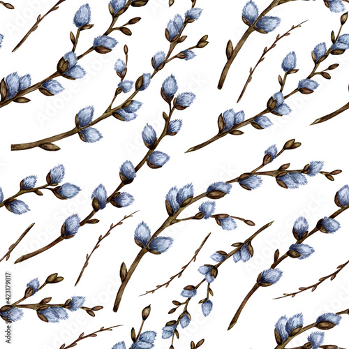 Watercolor illustration of seamless repeating pattern of pussy willow twigs. Spring illustration for design, print, fabric or background. Easter, religion, tradition. Isolated on white background. 