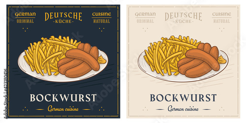Bockwurst German traditional Hot Dog sausage with french fries