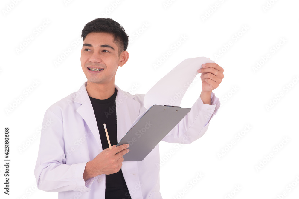 asian young man in white with document board asian young man in white with document board