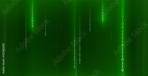 Matrix green background with binary numbers. Digital data code. Data network concept. Abstract technology banner. Vector illustration.