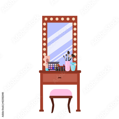 Dressing table with mirror and stool in a modern style. Cosmetics, jewelry box, makeup brushes, perfume and a comb on the table. Vector illustration in cartoon flat style