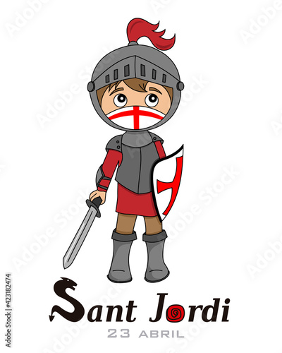 Sant Jordi traditional festival of Catalonia Spain. knight with mask against covid-19
