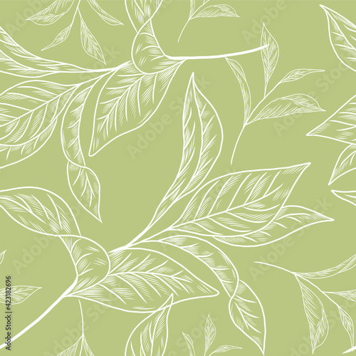 Green tea plants on the seamless pattern, hand drawn elements of green tea plant, green color pattern