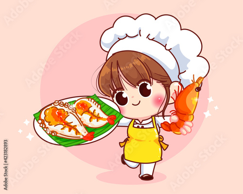 Cute chef girl smiling in uniform holding grilled prawns seafood menu cartoon art illustration logo