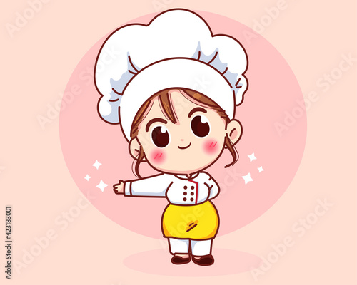 Cute chef girl smiling in uniform welcoming and inviting his guests cartoon art illustration logo