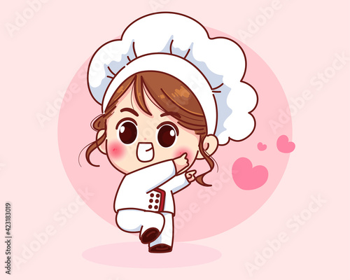 Cute chef girl smiling in uniform welcoming cartoon art illustration logo