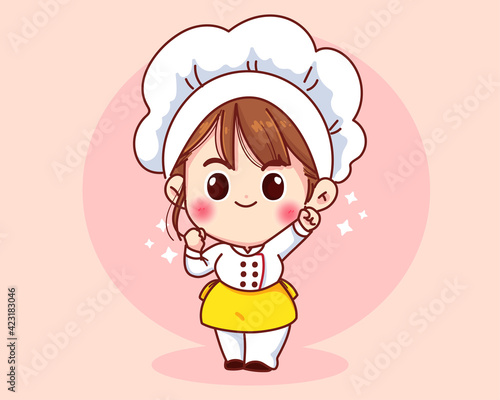 Cute chef girl smiling in uniform mascots cartoon art illustration logo