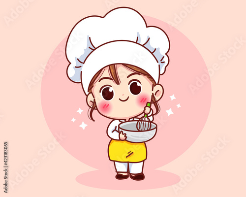 Cute Bakery chef girl smiling in uniform mascots cartoon art illustration logo