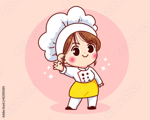 Cute chef girl smiling in uniform mascots gesturing ok sign cartoon art illustration logo