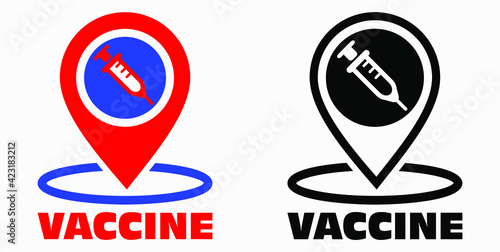 Vaccine and location icon. Syringe sign. The location of the hospital. Vector icon.