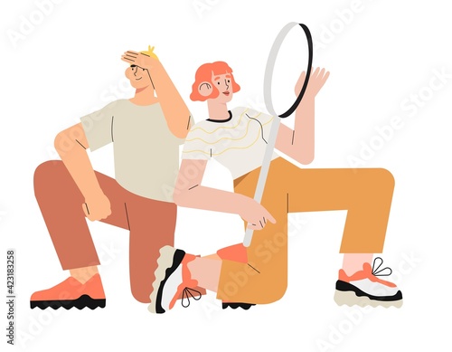 Man looking for something and woman hold magnifying glass or loupe. Business metaphore for search or research, development, web surfing. Trendy outline characters for web or ui design.