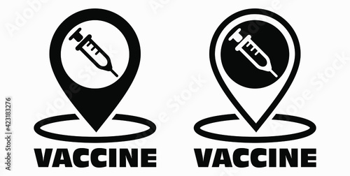 Vaccine and location icon. Syringe sign. The location of the hospital. Vector icon.