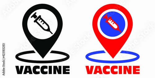 Vaccine and location icon. Syringe sign. The location of the hospital. Vector icon.