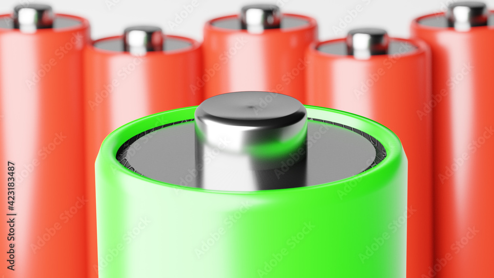 Large group of AA batteries standing in rows top view. Background concept of recyclable