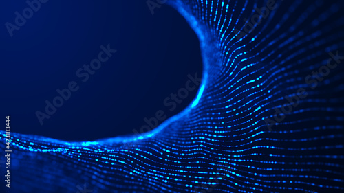 Abstract wave with moving dots. Flow of particles. Cyber technology illustration. 3d rendering