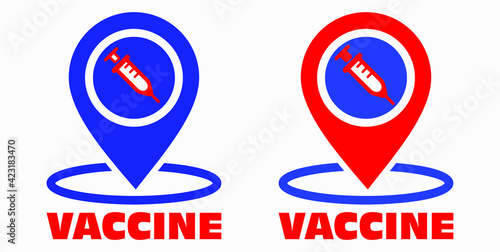 Vaccine and location icon. Syringe sign. The location of the hospital. Vector icon.