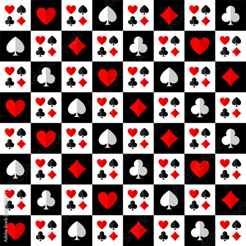 Square chess poker seamless pattern with card suits: clubs, hearts, diamonds, spades.