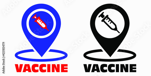 Vaccine and location icon. Syringe sign. The location of the hospital. Vector icon.