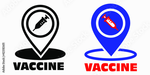 Vaccine and location icon. Syringe sign. The location of the hospital. Vector icon.