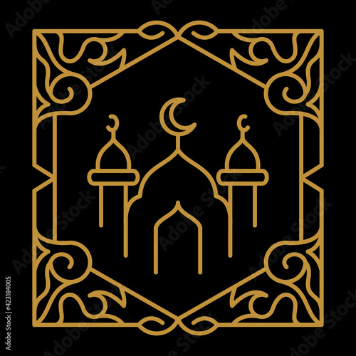 Design Vector is created in the style of line art which forms Mosque combination and frame in color gold
