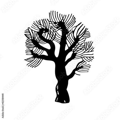Black silhouette of winter stylized tree in doodle freehand style isolated on white background. Vector design is perfect for create textile, wallpaper, wall panel, poster, organic package, decorations