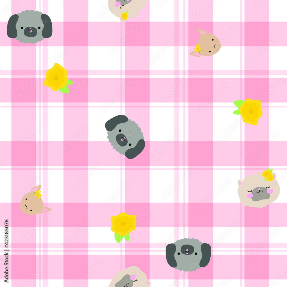 Cute pink pattern in a cage with dogs flowers. Pets seamless background. Textiles for children Digital paper scrapbook. Cute pink pattern in a cage with dogs flowers. Pets seamless background. Textiles for children Digital paper scrapbook.