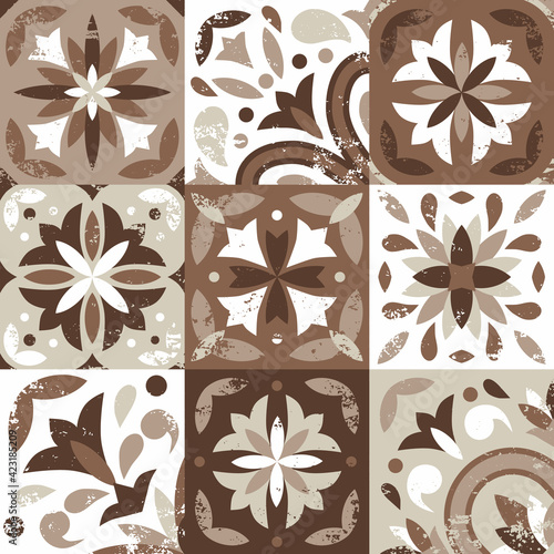 Seamless pattern of 9 ceramic tiles in vintage style, nude color palette