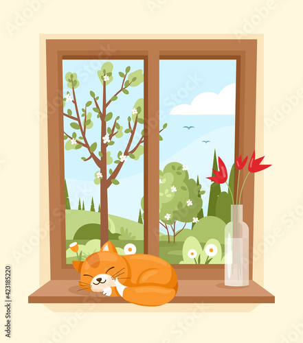 Spring window. Vector illustration of wood window view of garden with sleeping cat and vase with flowers on the sill. Spring landscape with tree, bush, field, hills. Spring mood. Cozy sunny morning