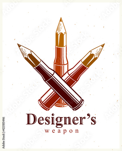Idea is a weapon concept, weapon of a designer or artist allegory shown as a firearm cartridge cases with pencils instead of bullet, creative power, vector logo or icon.