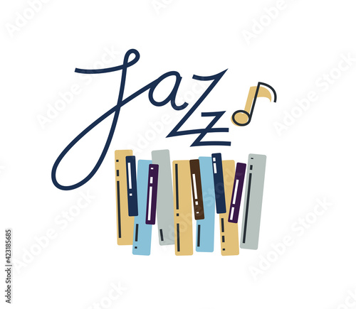 Jazz music emblem or logo vector flat style illustration isolated, grand piano logotype for recording label or studio or musical band.