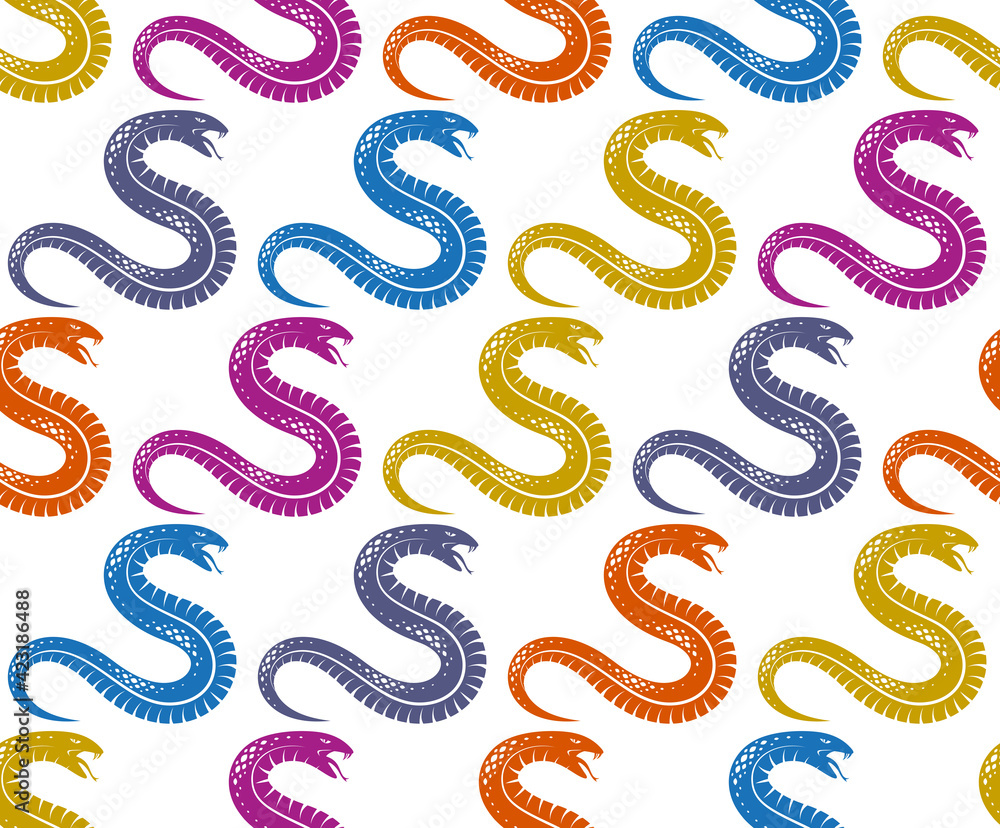 Fototapeta premium Seamless snakes pattern in vintage drawing style, dangerous poisoned reptiles vector background, endless tiling wallpaper, subculture rock n roll and hard rock theme.