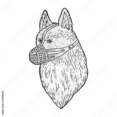 muzzled dog shepherd sketch engraving vector illustration. T-shirt apparel print design. Scratch board imitation. Black and white hand drawn image.