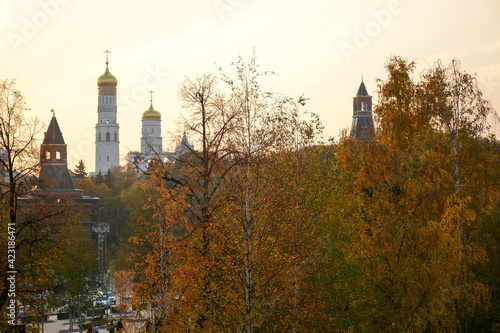 MOSCOW, RUSSIA - October 18 2018: Beautiful view from Zaryadye Park in the city center