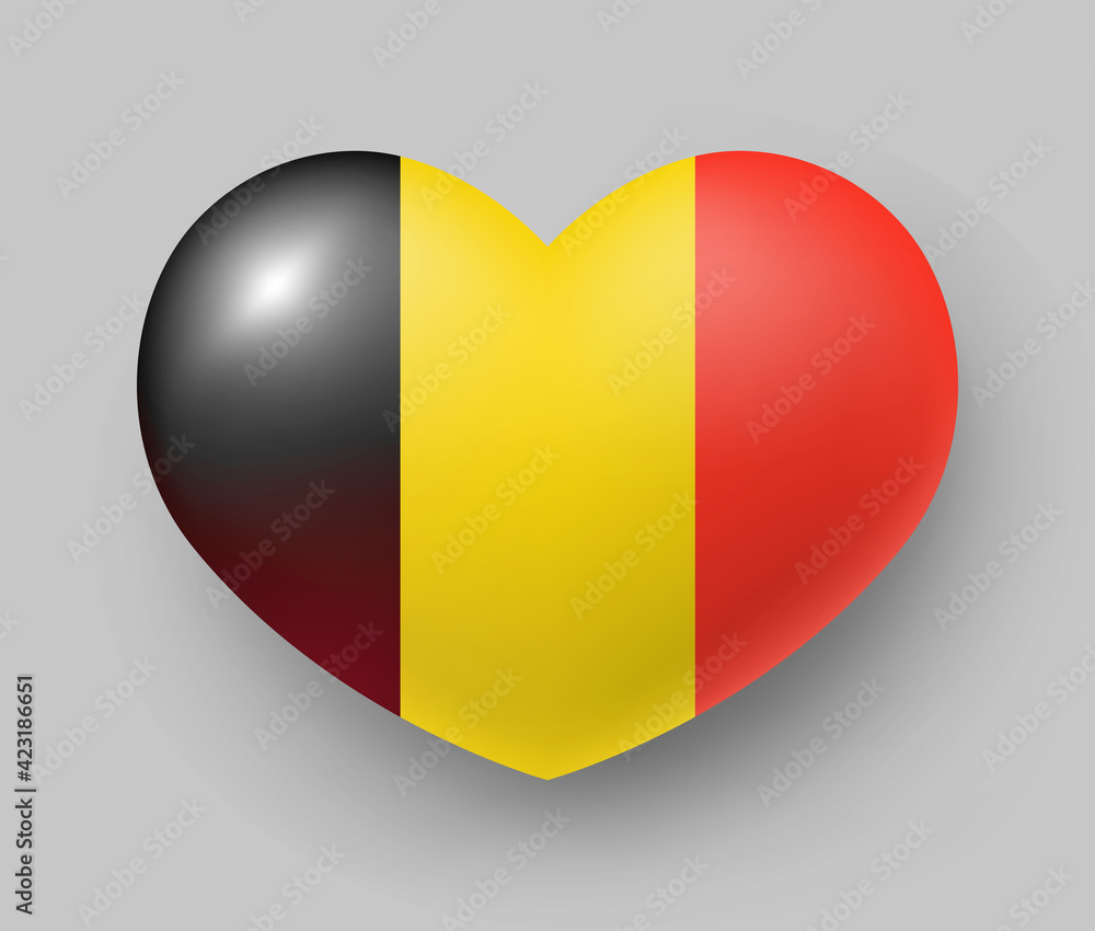 Fototapeta premium Heart shaped glossy national flag of Belgium. European country flag button, sign in patriotic colors realistic vector illustration on gray background