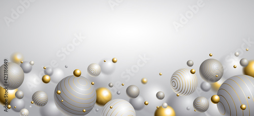 Realistic lined spheres vector illustration with blank copy space, abstract background with beautiful balls with lines and depth of field effect, 3D globes design concept art.