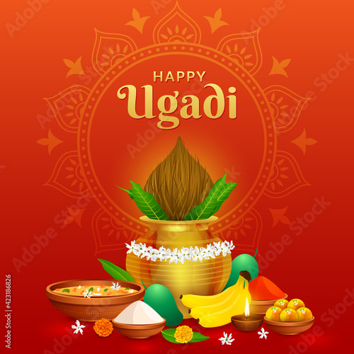 Greeting traditional Gudhi for Indian New Year festival Gudi Padwa & Happy Ugadi Greeting