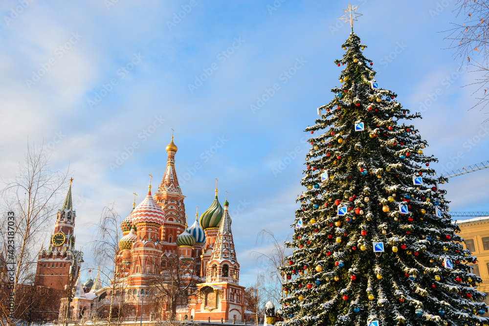 MOSCOW, RUSSIA - January 17, 2021: Winter view to Saint Basil's Cathedral and Kremlin from Zaryadye Park