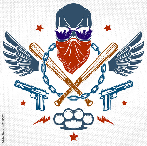 Gangster emblem logo or tattoo with aggressive skull baseball bats and other weapons and design elements, vector, criminal ghetto vintage style, gangster anarchy or mafia theme.