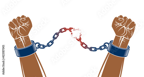 Slavery theme illustration with strong hand clenched fist fighting for freedom against chain, vector logo or tattoo, getting free, struggle for liberty.