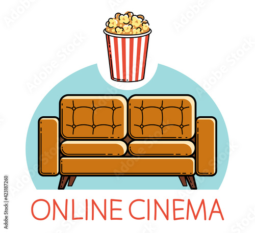 Home rest online cinema sofa and popcorn vector emblem or illustration isolated on white, stay home concept, family weekend, watch video.