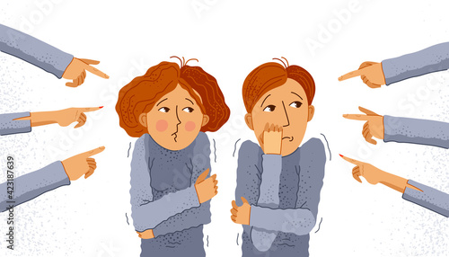 Shaming and blaming vector concept, hands pointing finger on young couple feeling uncomfortable and scared, discrimination problem of cruel and intolerant behavior in social groups.