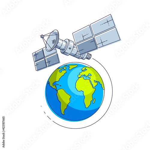 Communication satellite flying orbital spaceflight around earth, spacecraft space station with solar panels and satellite antenna plate. Thin line 3d vector illustration.