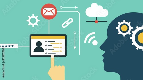 SOCIAL MEDIA AND TECHNOLOGY IN USE. ICON AND SYMBOL CONNECTION IN WORLD. SLIDE MOTION 4K ANIMATION.