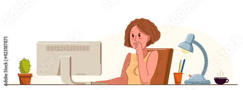 Girl office worker pensive concentrated on her work vector flat illustration isolated, serious attentive worker seriously thinking on a project, comfortable workplace.